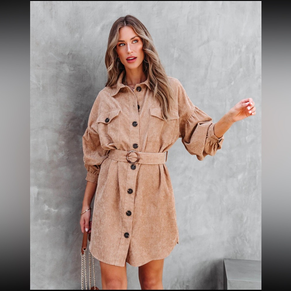 Belted corduroy shirt dress